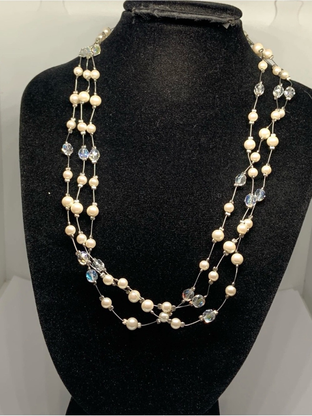Carolee Ivory Pearl and Clear Crystal Three-Strand Necklace